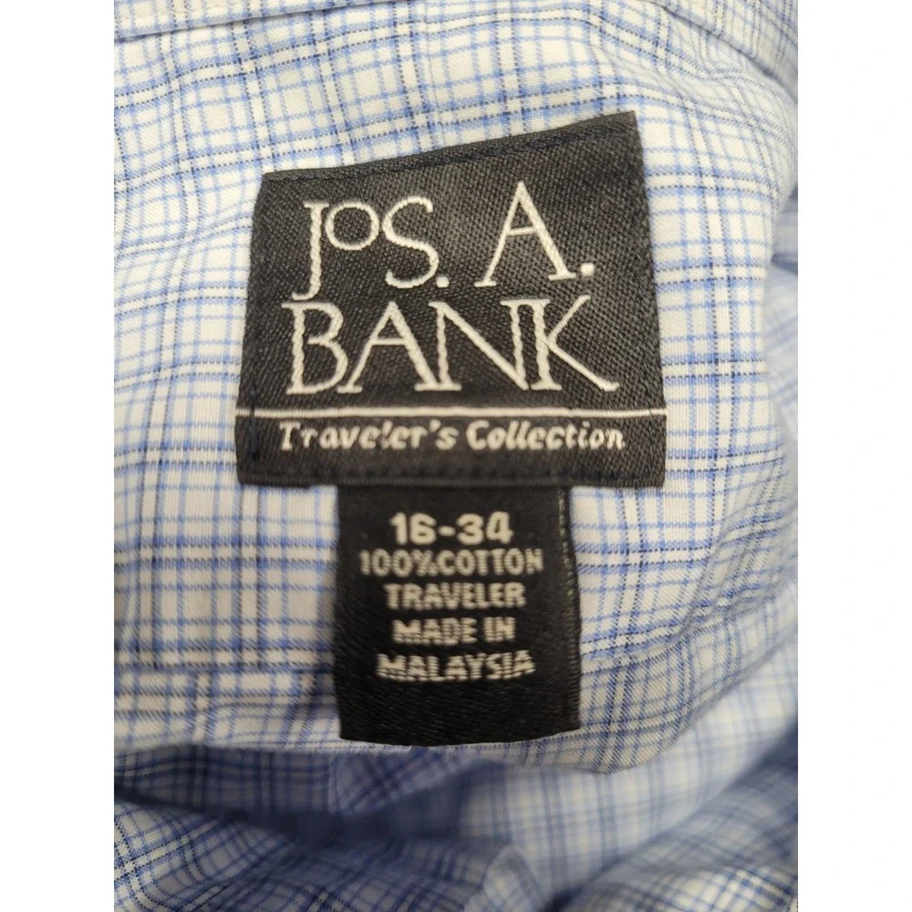Jos. A. Bank Travelers Collection Mens Blue Plaid Button Down Shirt 16-34 Cotton
